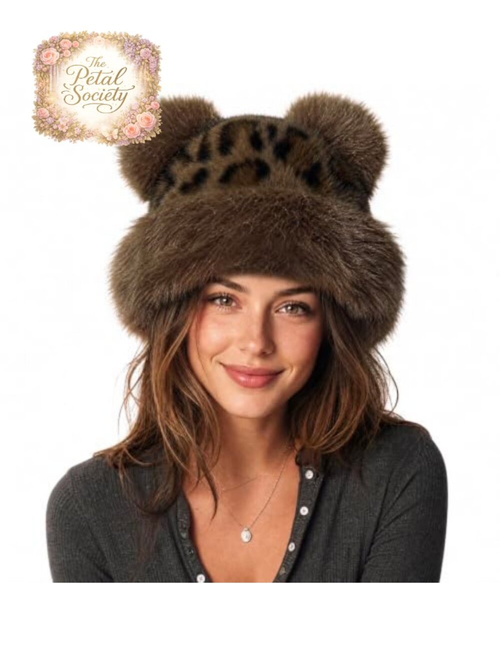 Fuzzy Bear Ear Beanie Leopard Print Winter Hat Plush Fleece Ear Warmer